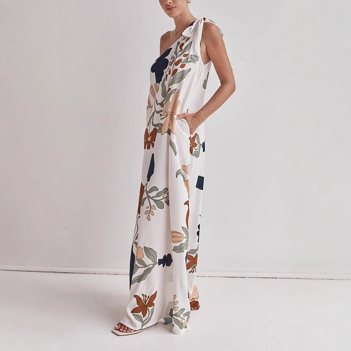 Comfortable one shoulder floral maxi dress for women, ideal for elegant summer outings and vacation fashion.