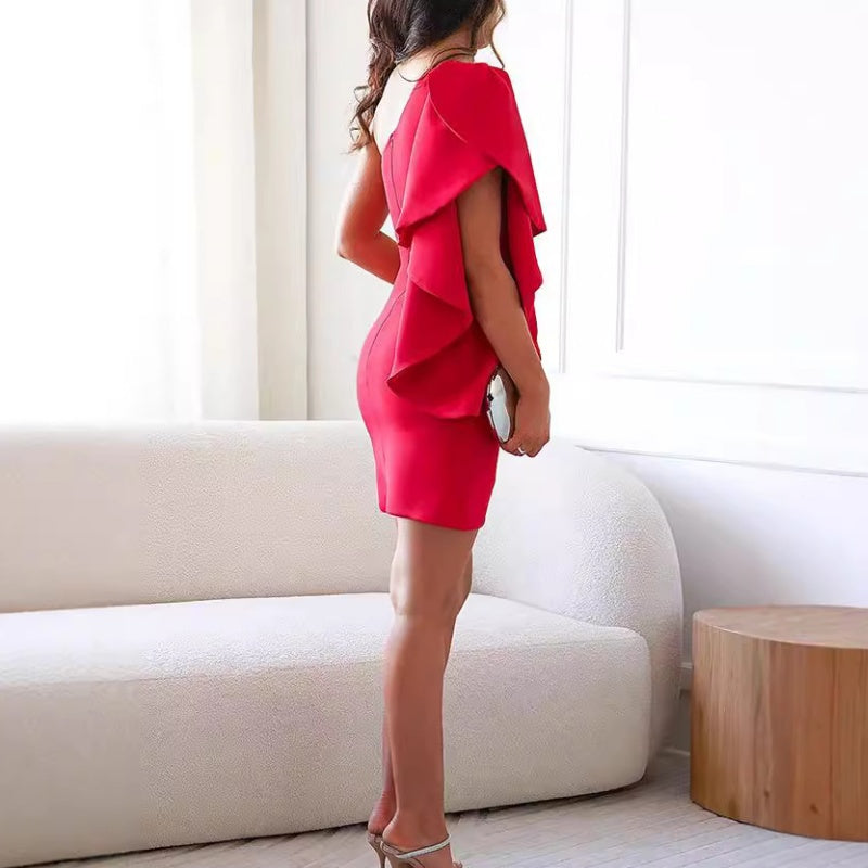 Khaki one shoulder bodycon mini dress for women, featuring tiered ruffles and asymmetric hem, ideal for cocktails.