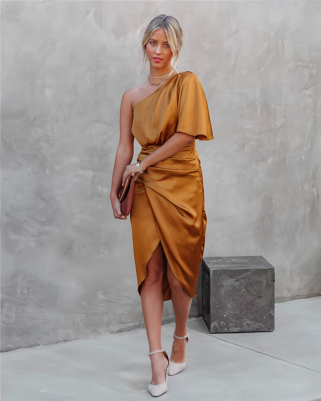 Party-ready one-shoulder women's cocktail dress, chic and fashionable for holiday celebrations. Above knee.