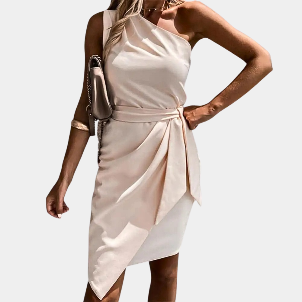 Elegant women's one-shoulder cocktail dress with flattering waistband, perfect for parties & special occasions.