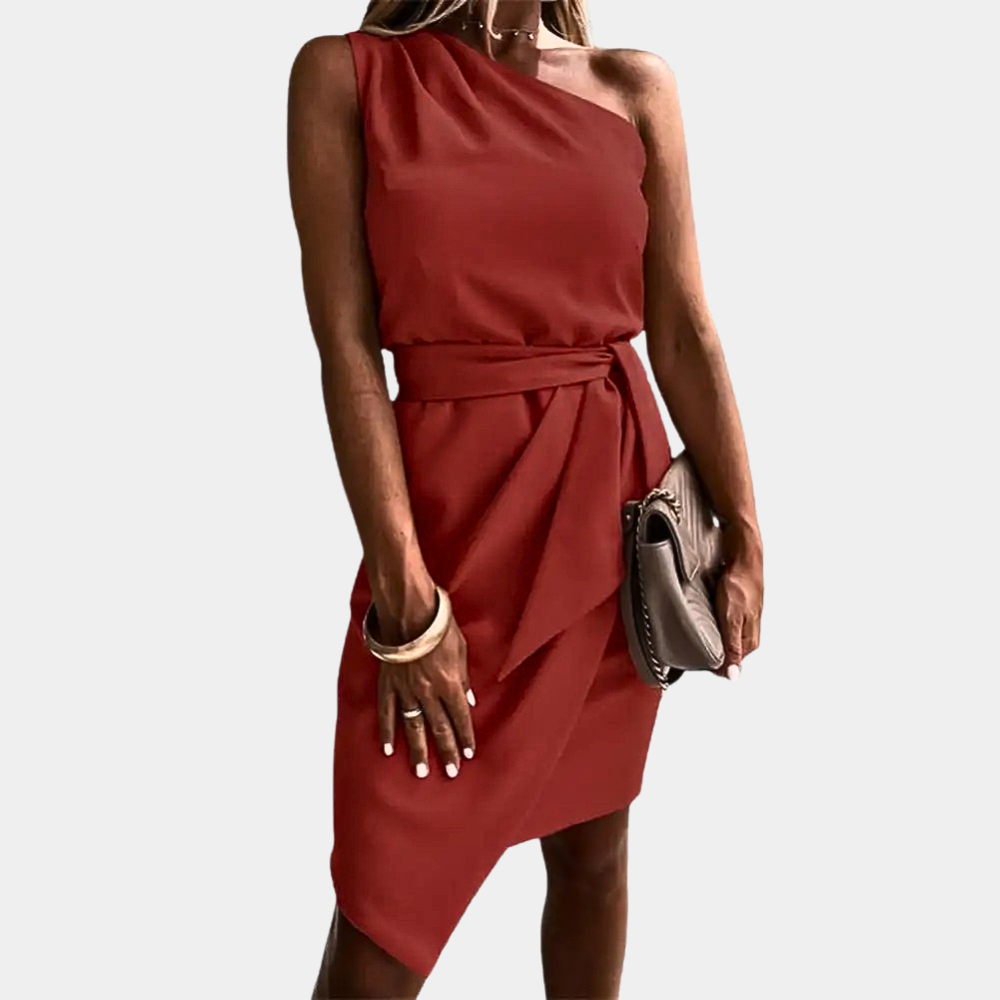 Chic women's one-shoulder elegant dress with flattering waistband. Perfect for cocktail parties & special events.