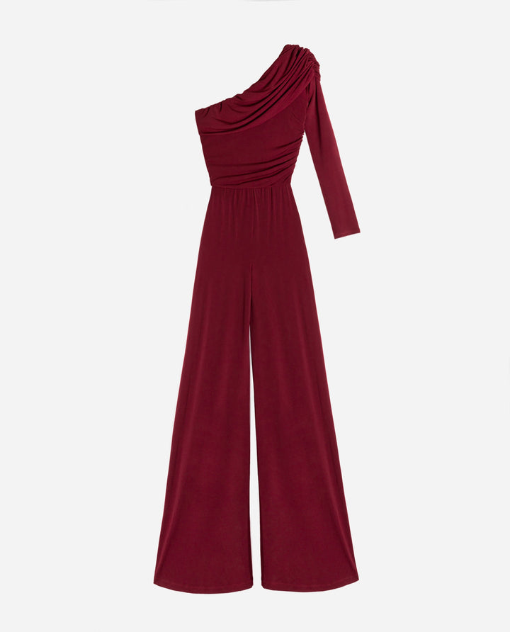 Flattering women's one-shoulder jumpsuit. Elegant and stylish design for evening parties and formal wear.