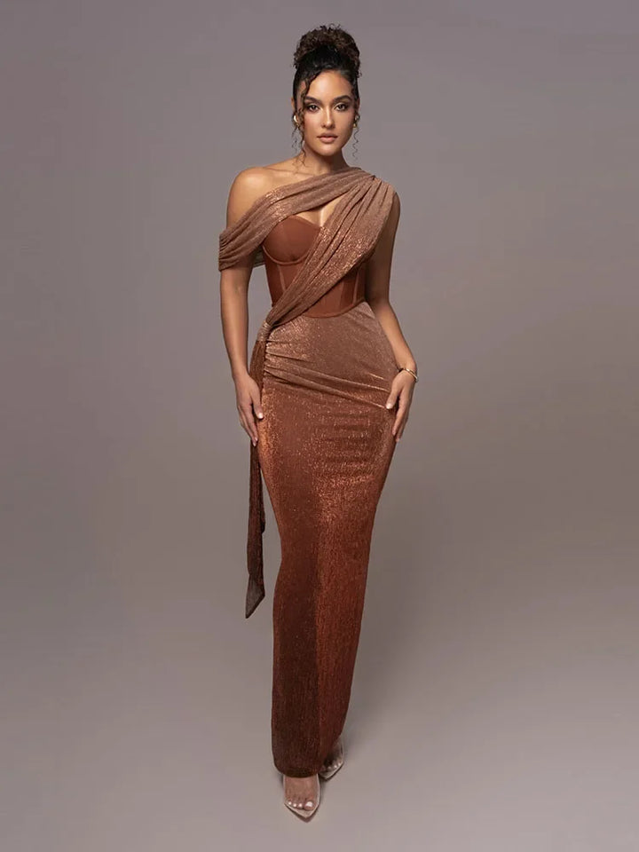 Elegant women's one-shoulder luxe maxi dress in a sculpted fit, perfect for evening or special occasions.