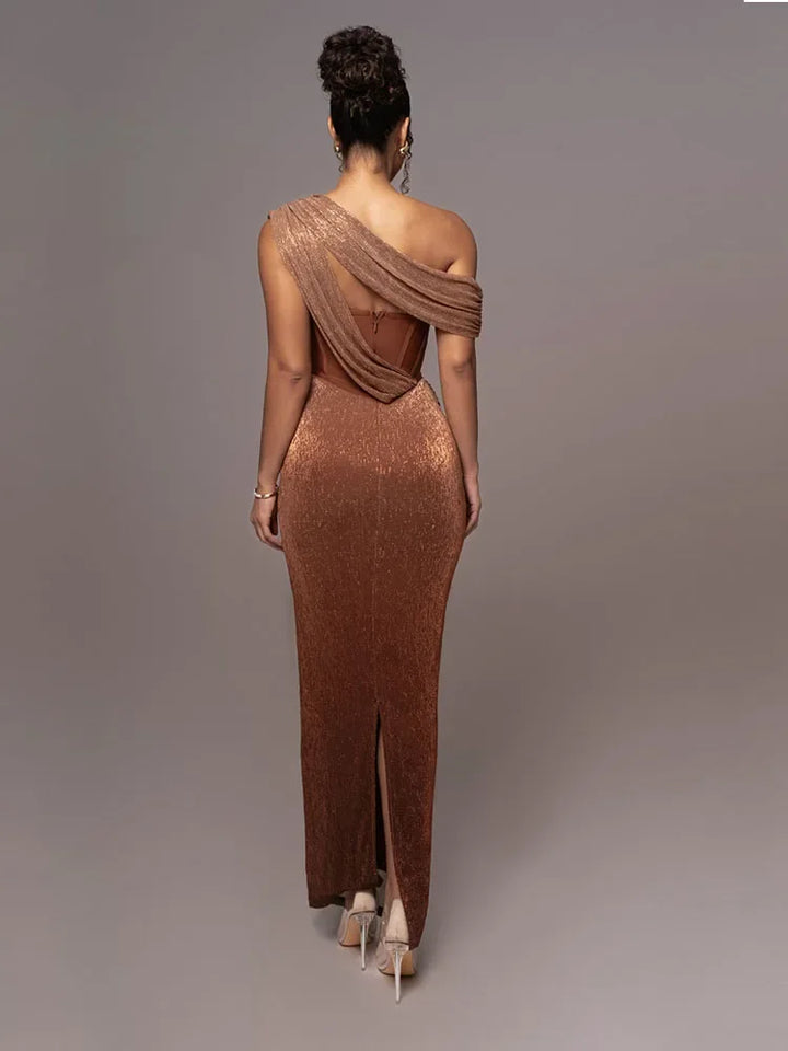 Stunning women's one-shoulder formal maxi gown. Elegant statement dress for parties and special occasions.