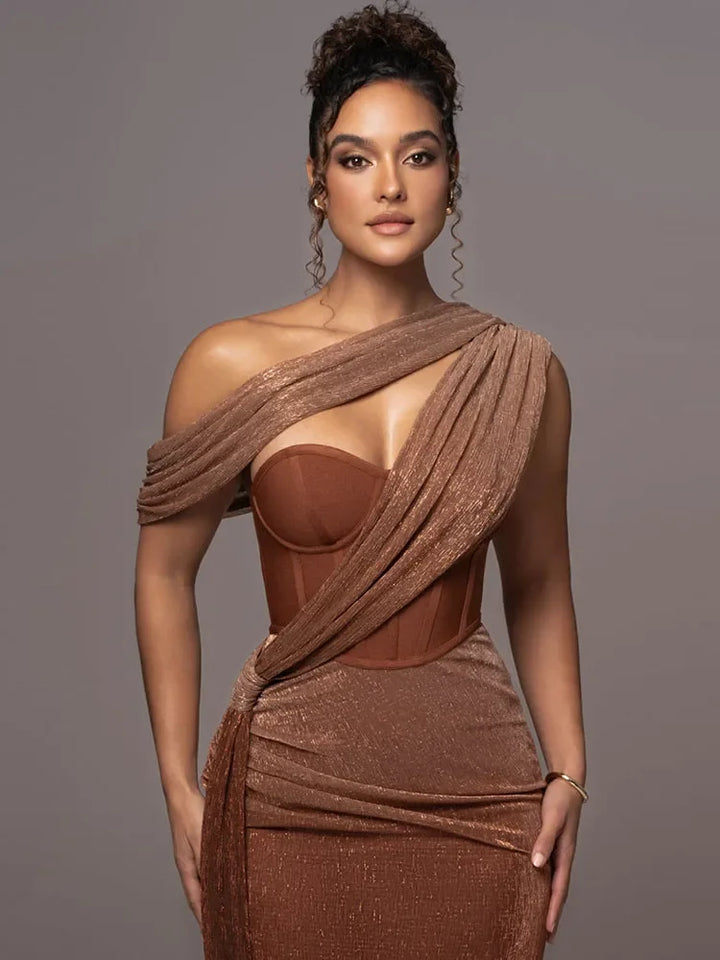Luxe one-shoulder maxi dress for women, featuring a sculpted fit. Ideal elegant long dress for evening events.