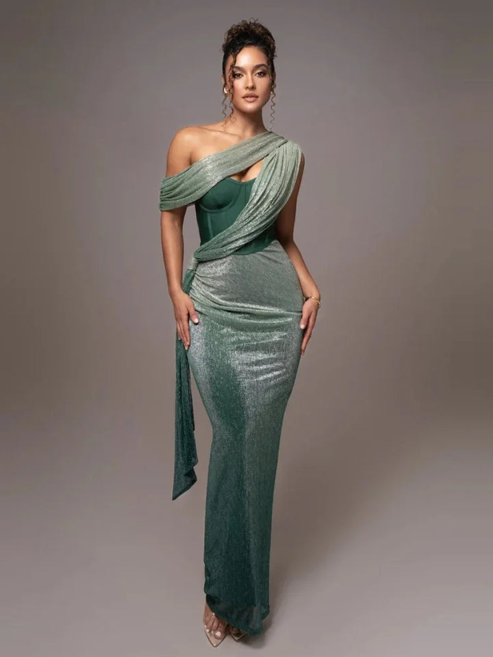 Chic women's one-shoulder party maxi dress, an elegant formal gown perfect for special occasions.