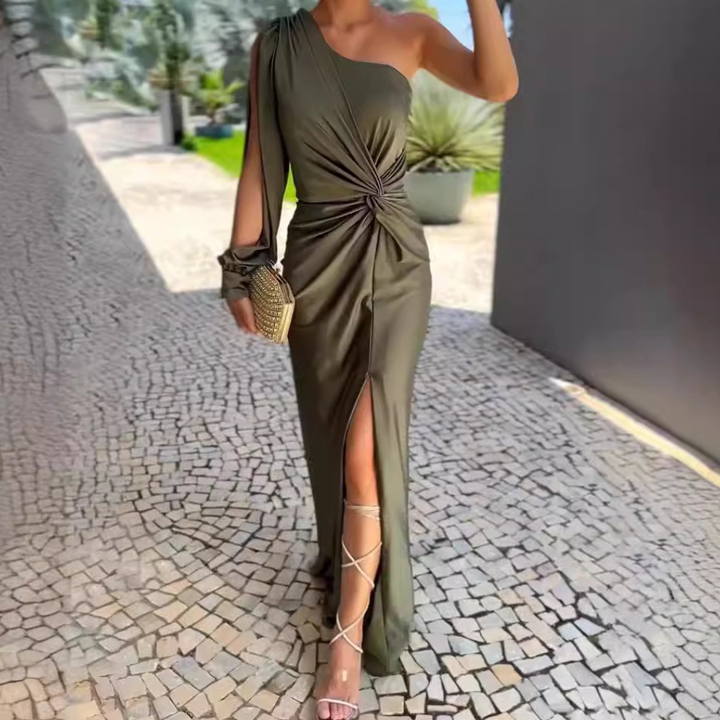 Elegant women's one-shoulder maxi dress for evening, formal events, and wedding guests. Chic party wear.