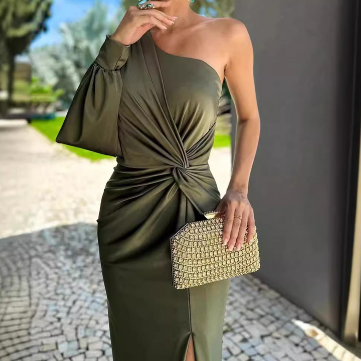 Women's chic one-shoulder maxi dress, perfect for elegant evening parties, formal events, and wedding guests.
