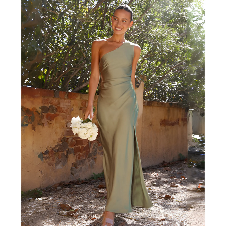 Elegant women's one-shoulder maxi dress with a sophisticated side slit, perfect for formal occasions & parties.