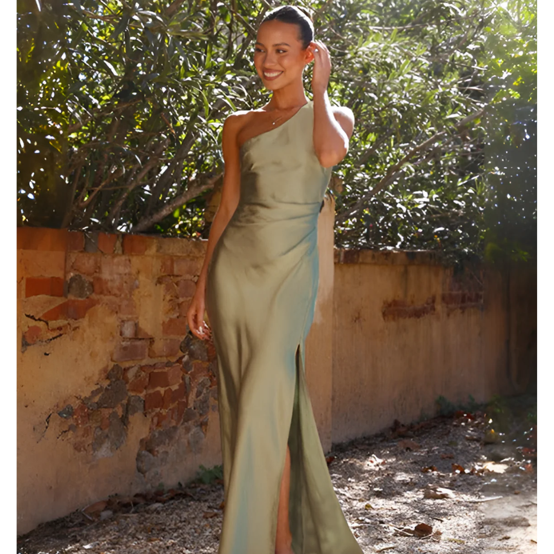 Chic women's one-shoulder evening gown with a flattering slim fit & side slit for special occasions.