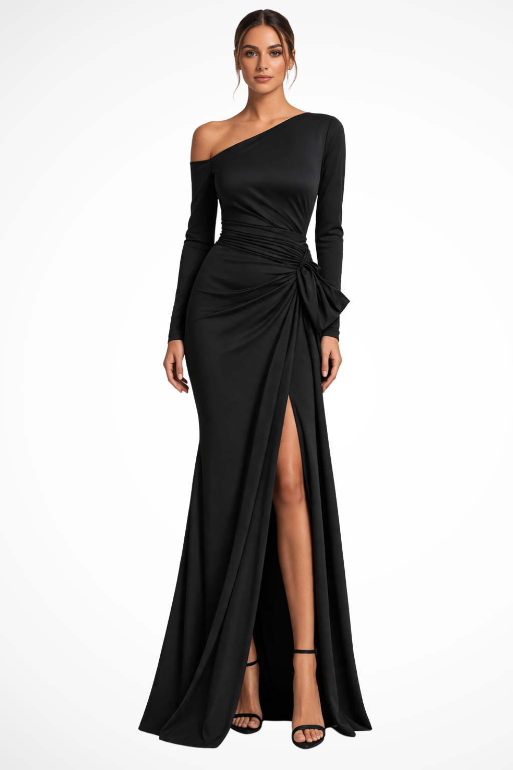 Elegant women's one-shoulder maxi dress with long sleeves and a thigh-high slit, perfect for formal occasions.