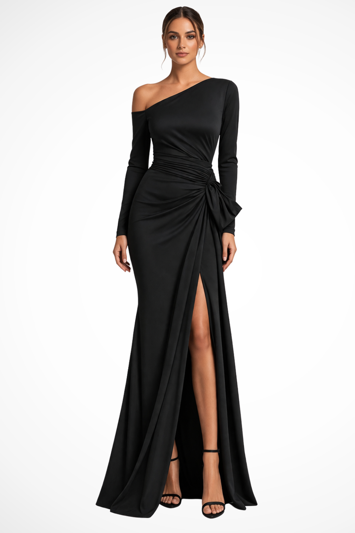 Elegant women's one-shoulder maxi dress with long sleeves and a thigh-high slit, perfect for formal occasions.