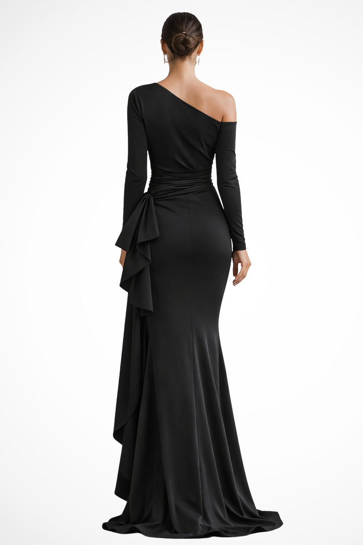 Chic one-shoulder long sleeve maxi gown for women, featuring a stylish slit, ideal for wedding guests & parties.