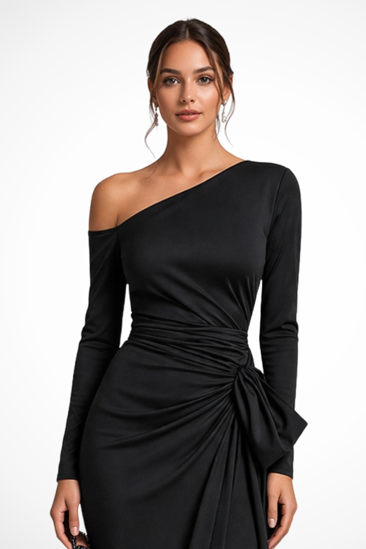 Figure-flattering bodycon one-shoulder maxi dress for women with long sleeves and a sleek leg slit.