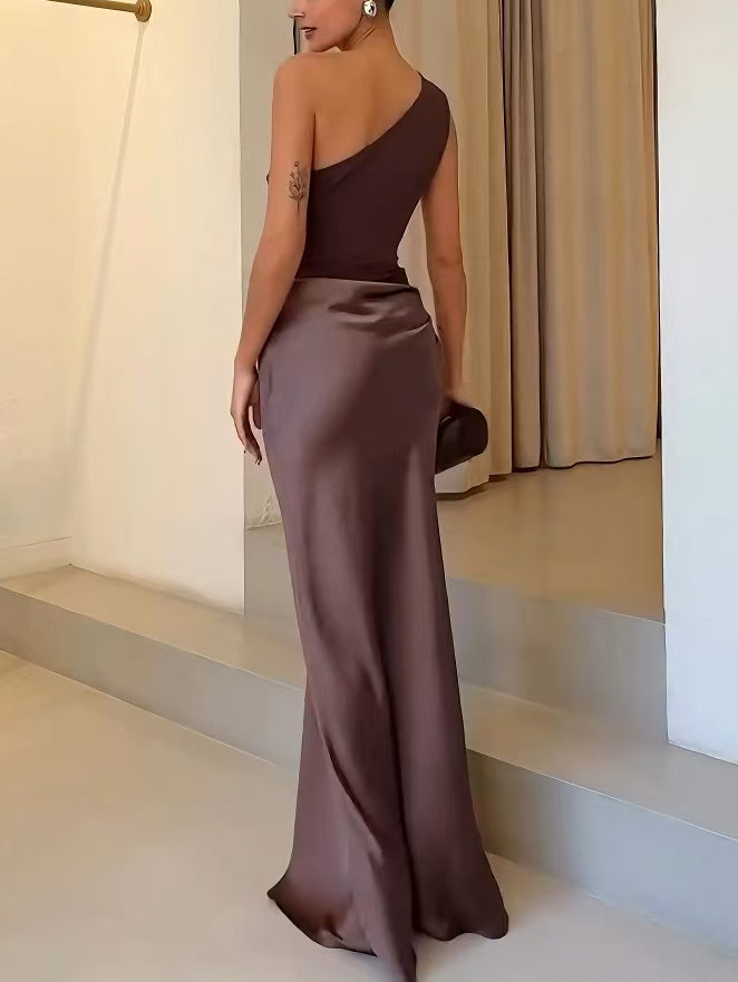 Comfortable women's one shoulder maxi dress, stylish ruched waist formal wear. Perfect for wedding guests & evening events.