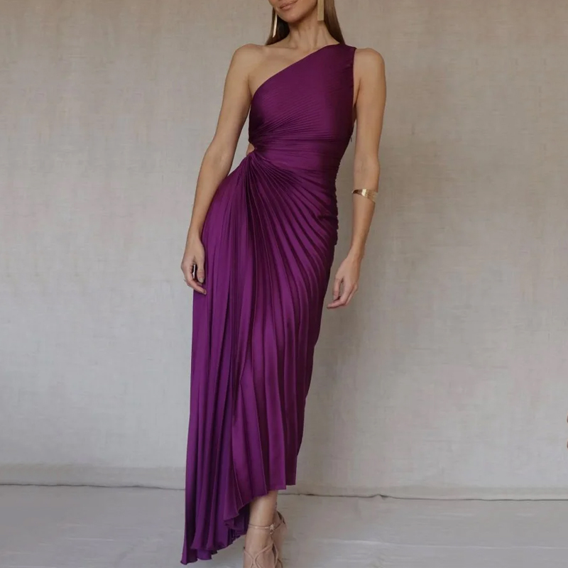 Elegant women's one shoulder pleated maxi dress for evening, formal events & parties. Slim fit, special occasion fashion.