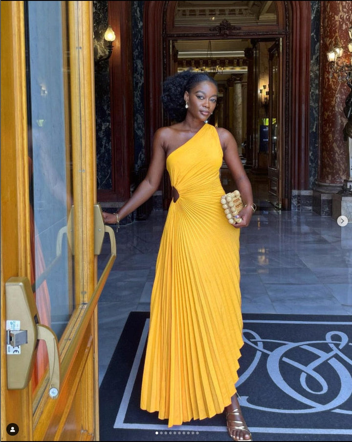 Sleek women's one shoulder pleated maxi dress, an elegant slim fit gown perfect for evening & formal events.
