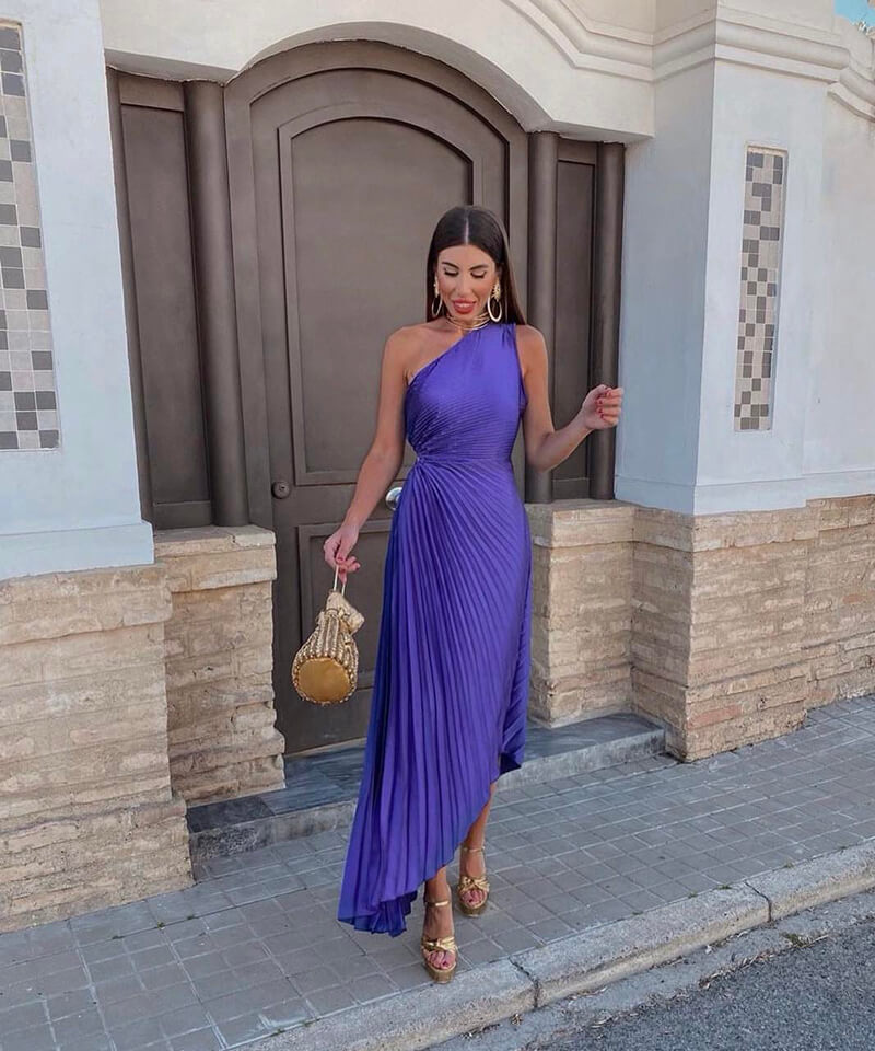 Elegant women's one-shoulder pleated maxi dress, perfect for wedding guests or formal evening events.