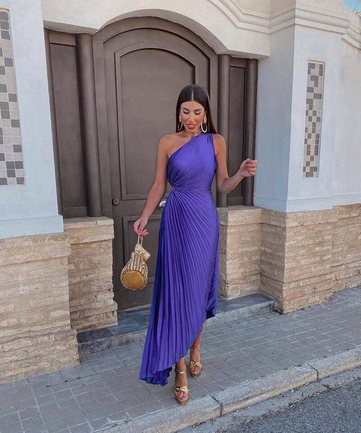 Elegant women's one-shoulder pleated maxi dress, perfect for wedding guests or formal evening events.