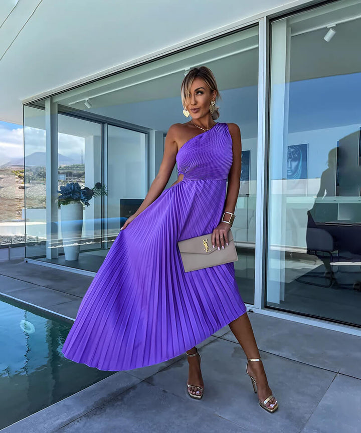 Women's violet one-shoulder maxi dress with elegant pleats, ideal for wedding guests & parties.
