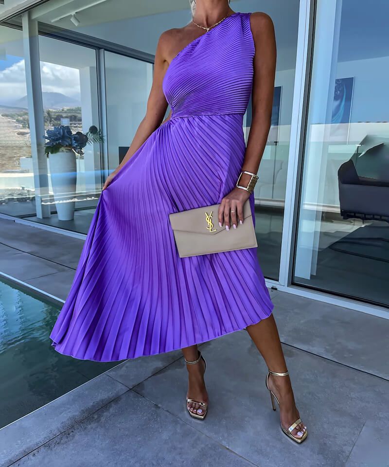 Chic pleated one-shoulder long dress for women, a stylish choice for wedding guest attire & special occasions.