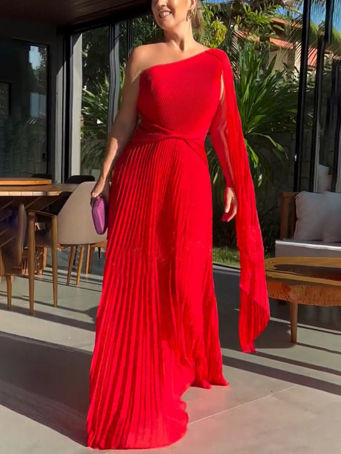 Stunning women's one-shoulder elegant maxi dress with beautiful pleats, perfect for evening wear.