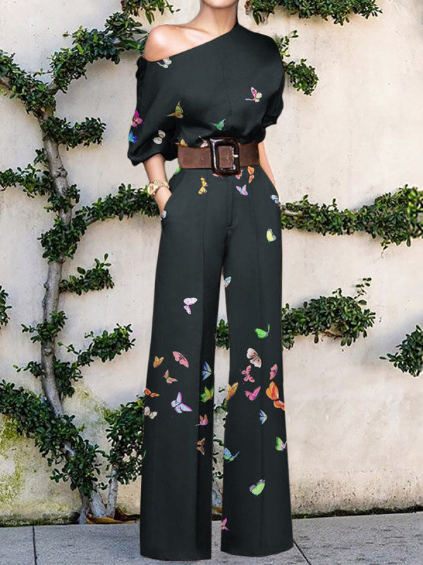 Chic one-shoulder wide-leg jumpsuit for women, featuring a vibrant print, ideal for vacation & fashion.