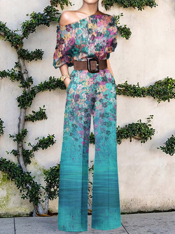 Women's elegant one-shoulder printed wide-leg jumpsuit, a chic and modern design for summer fashion.