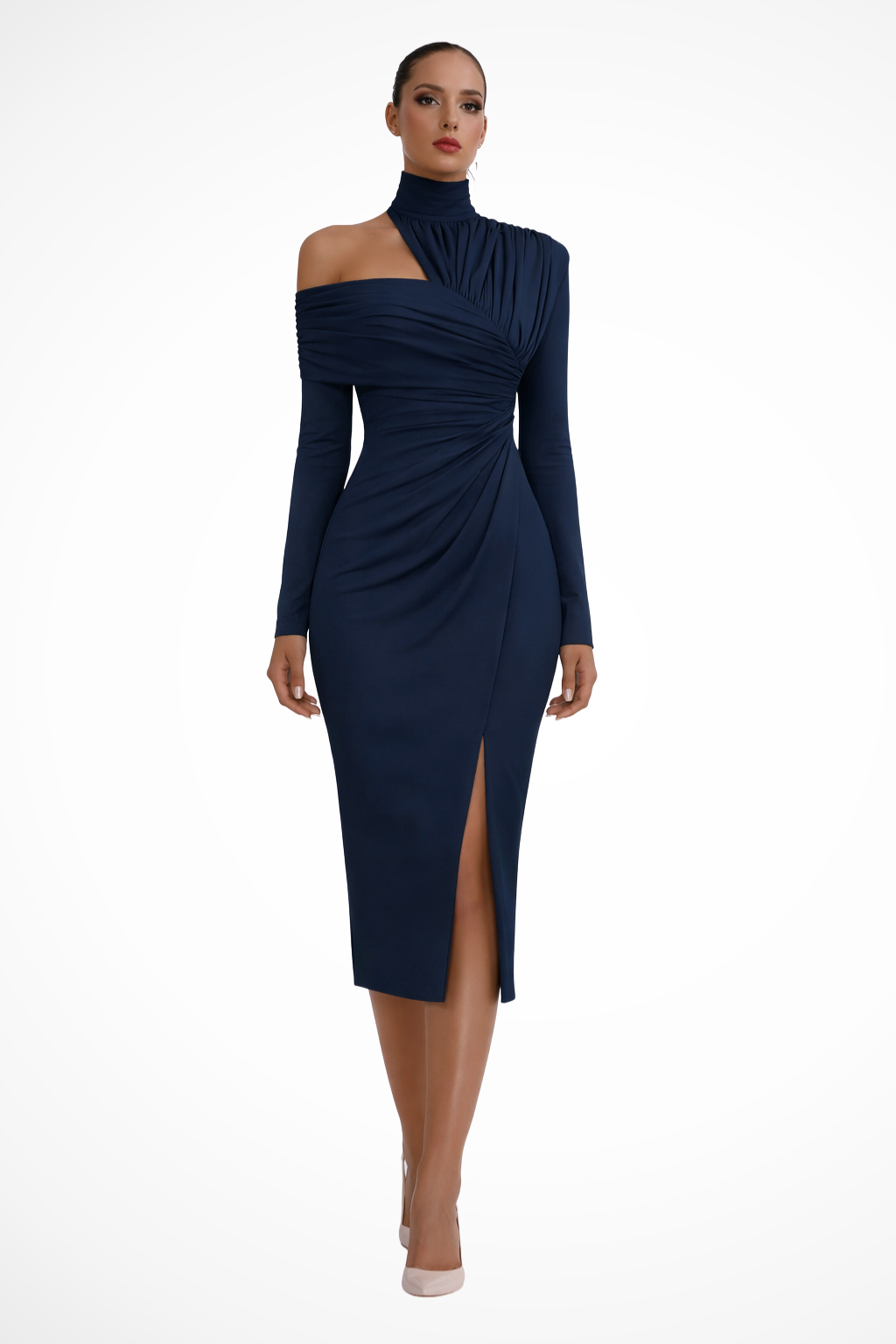 Women's special occasion one-shoulder ruched midi dress, featuring a graceful side slit.