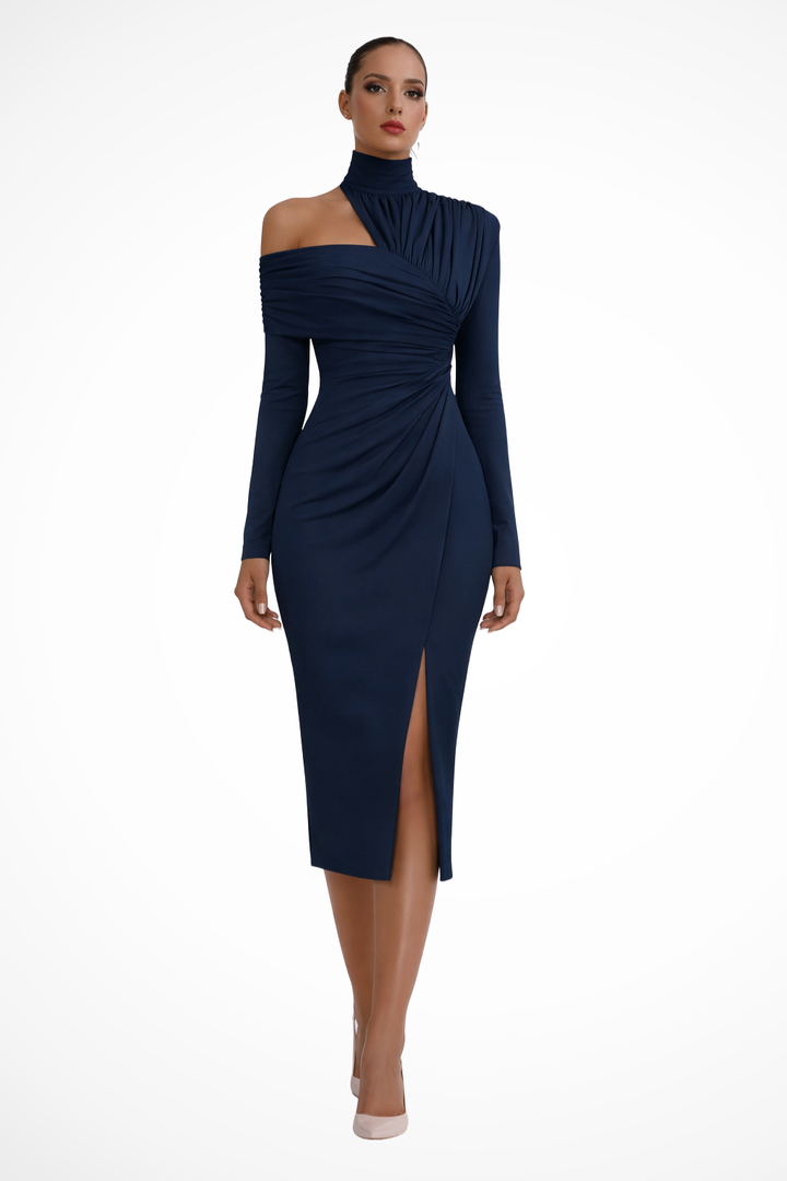 Women's special occasion one-shoulder ruched midi dress, featuring a graceful side slit.