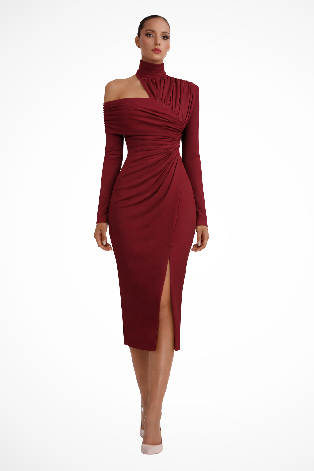 Feminine one-shoulder ruched midi dress with a daring side slit, ideal for a special night out.