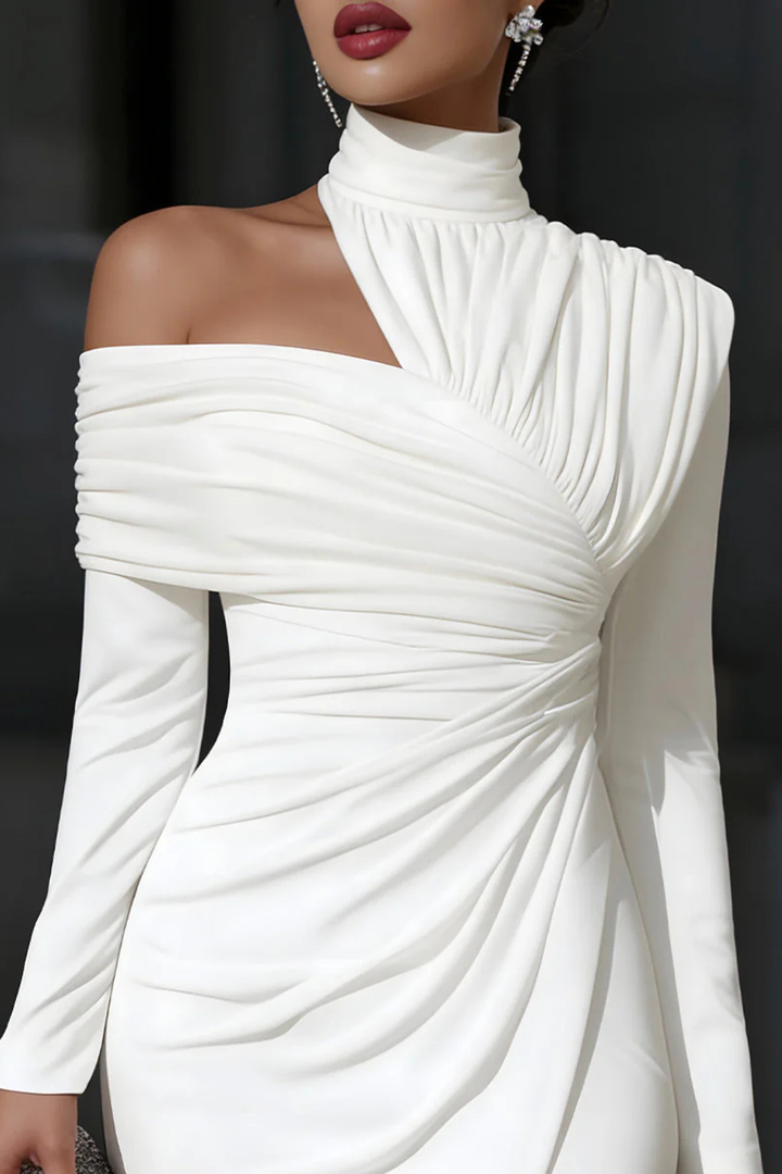 Stylish one-shoulder ruched midi dress for women, ideal for parties, with a sophisticated side slit.
