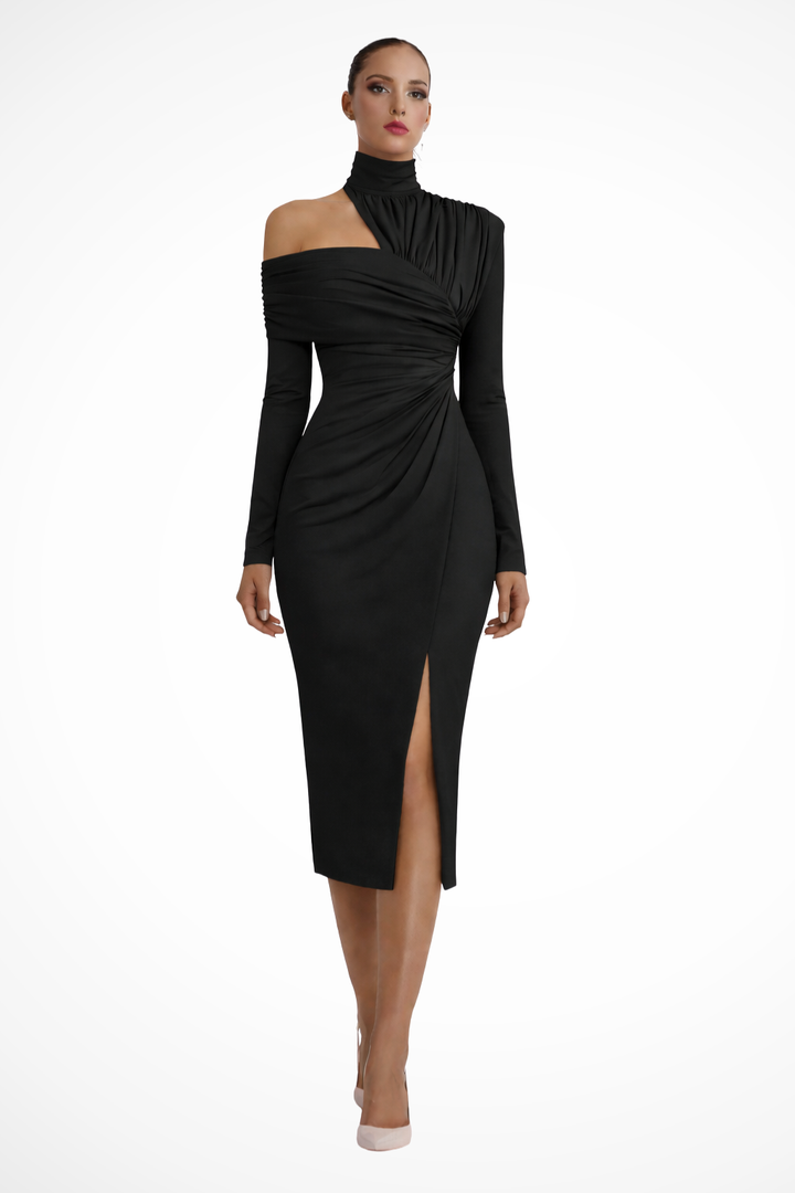Formal women's one-shoulder ruched midi dress, with an elegant side slit for special occasions.