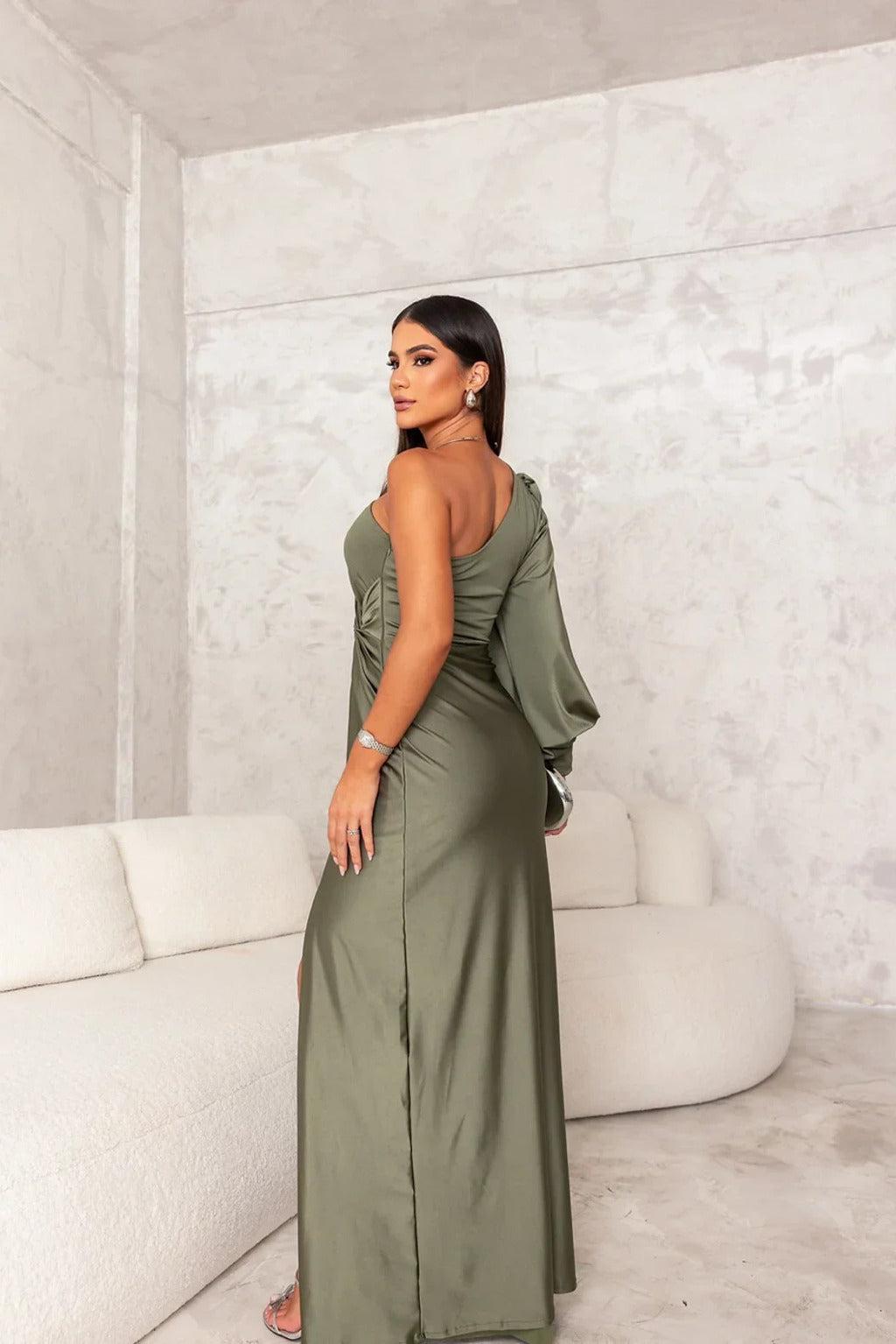 Chic women's one-shoulder wedding guest dress, glamour drape gown in flowing satin.