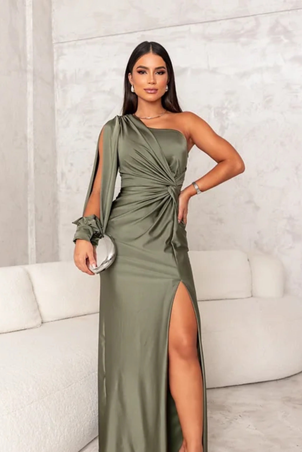 Luxurious women's long one-shoulder satin maxi dress, elegant formal evening wear gown.