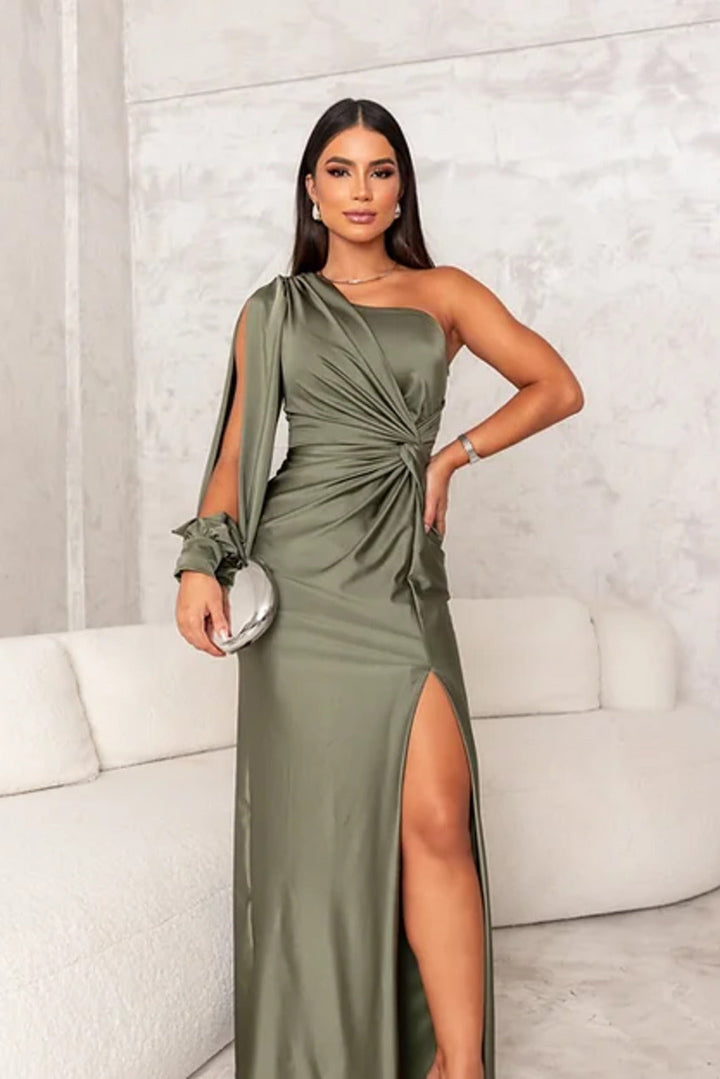 Luxurious women's long one-shoulder satin maxi dress, elegant formal evening wear gown.