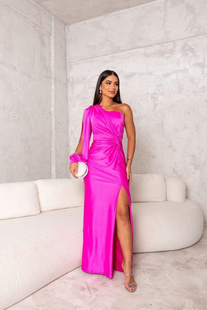 Sophisticated women's wedding guest one-shoulder dress, elegant satin drape gown.
