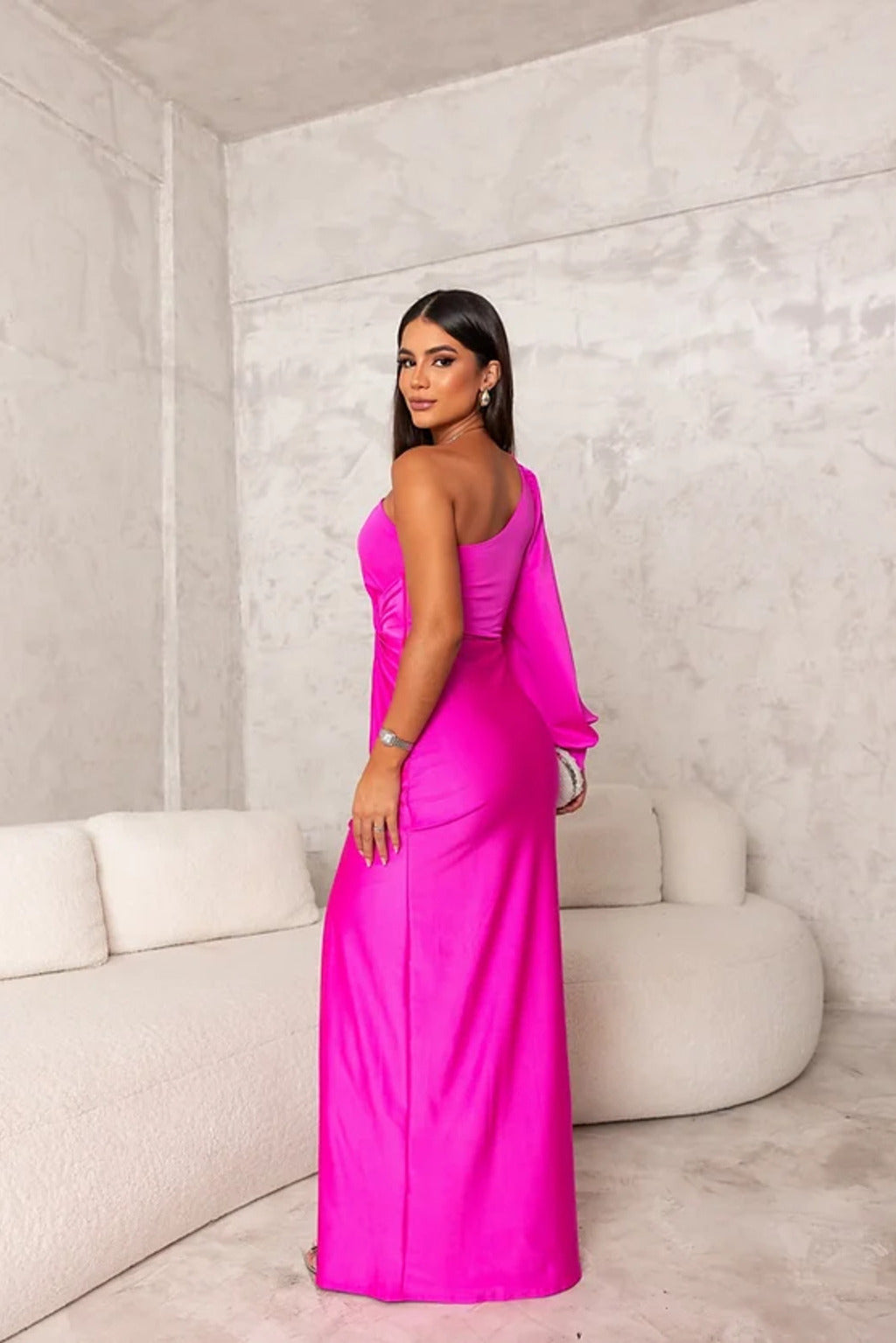 Stunning women's long formal one-shoulder gown, flowing satin maxi dress for evening wear.