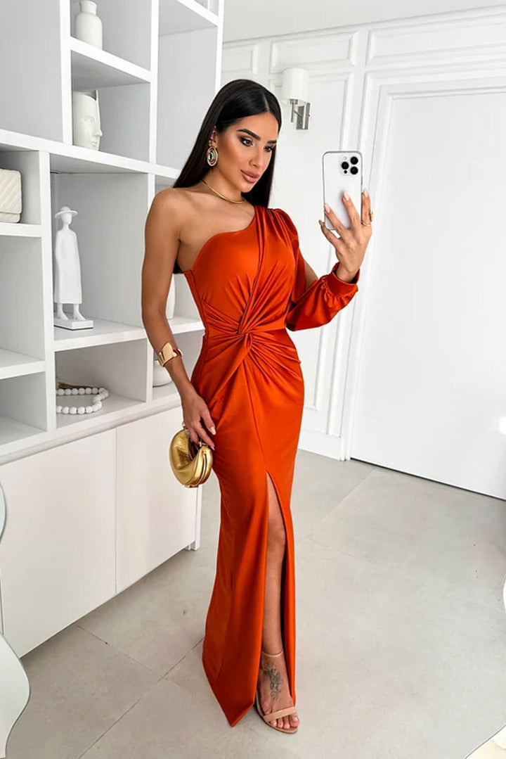 Sophisticated women's formal one-shoulder satin gown, elegant wedding guest maxi dress.
