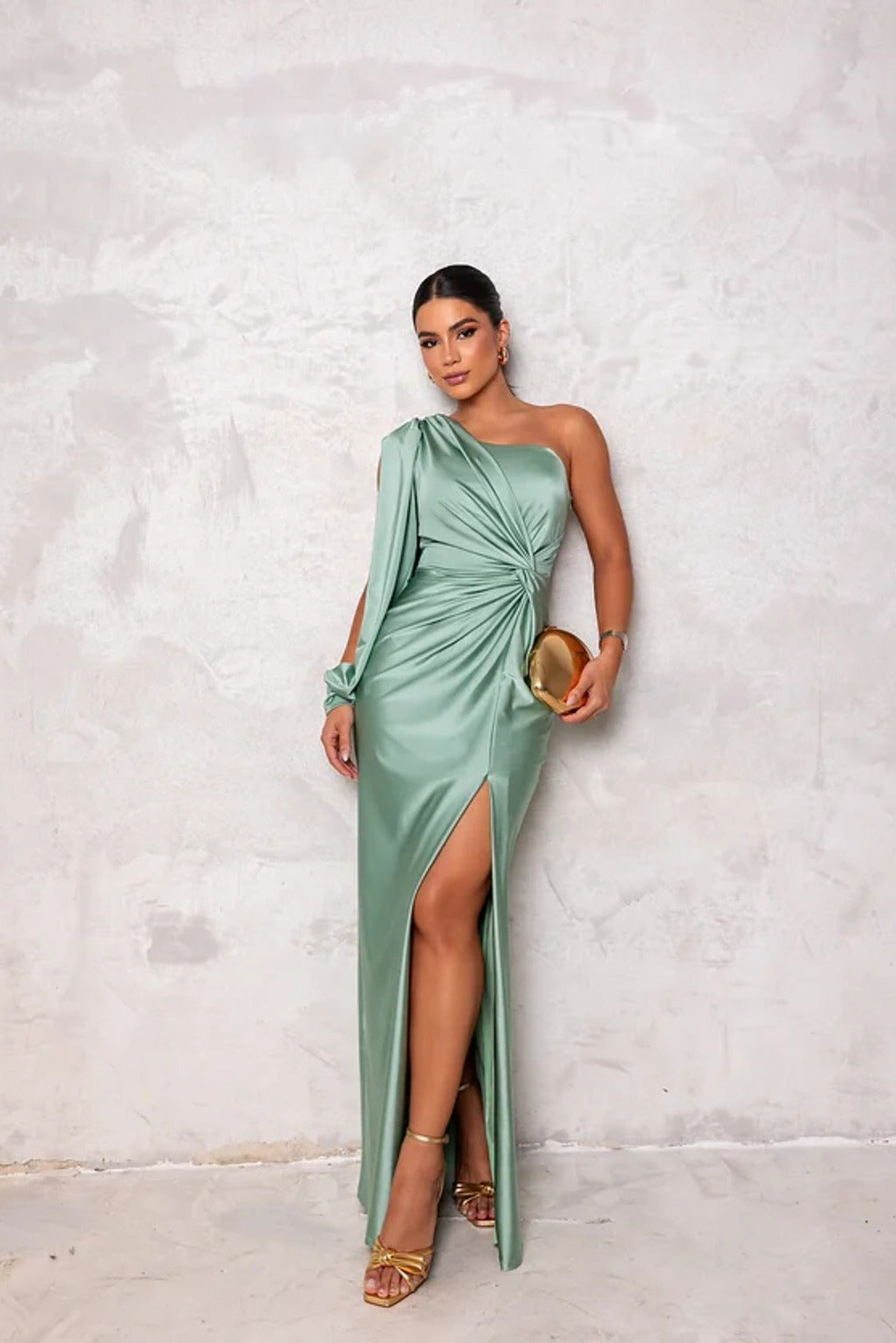 Beautiful women's formal one-shoulder dress, flowing satin maxi gown for elegant evening wear.