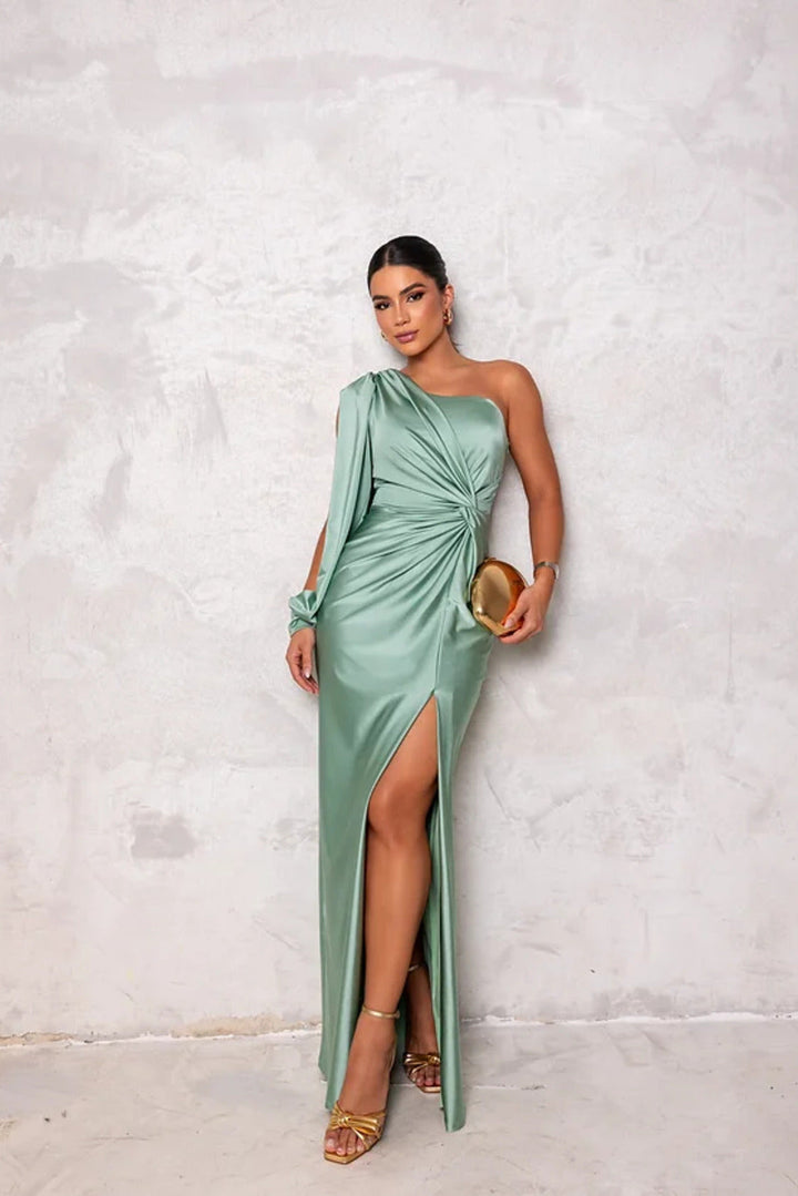 Beautiful women's formal one-shoulder dress, flowing satin maxi gown for elegant evening wear.