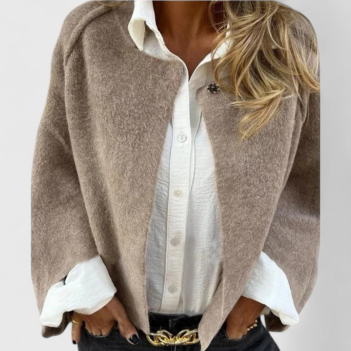 Sleek open front women's jacket, an elegant layering piece with a modern fit for versatile style.