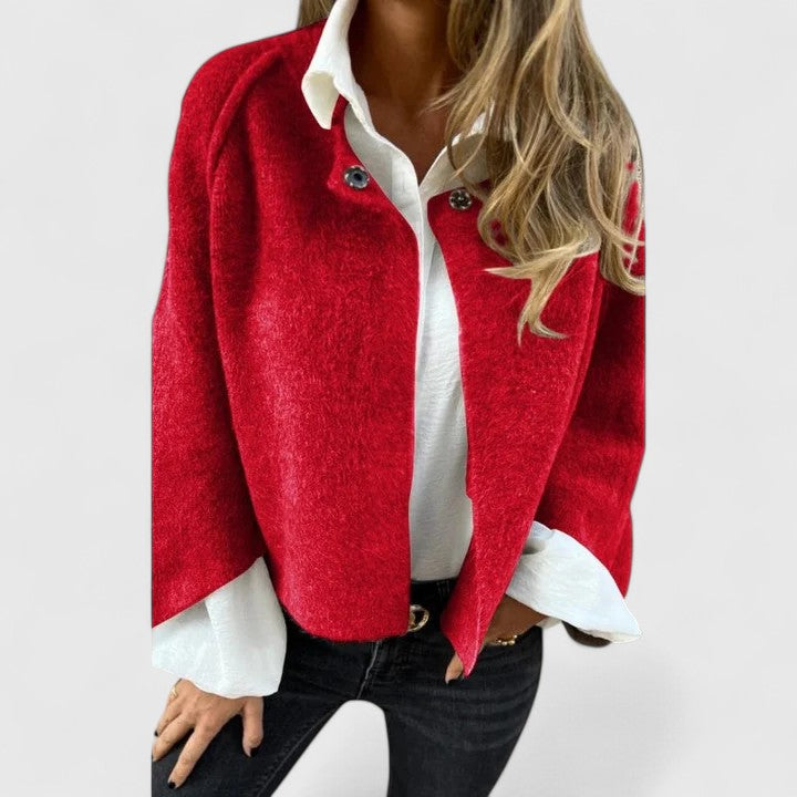 Comfortable, contemporary open front jacket for women, an elegant and versatile layering outerwear piece.