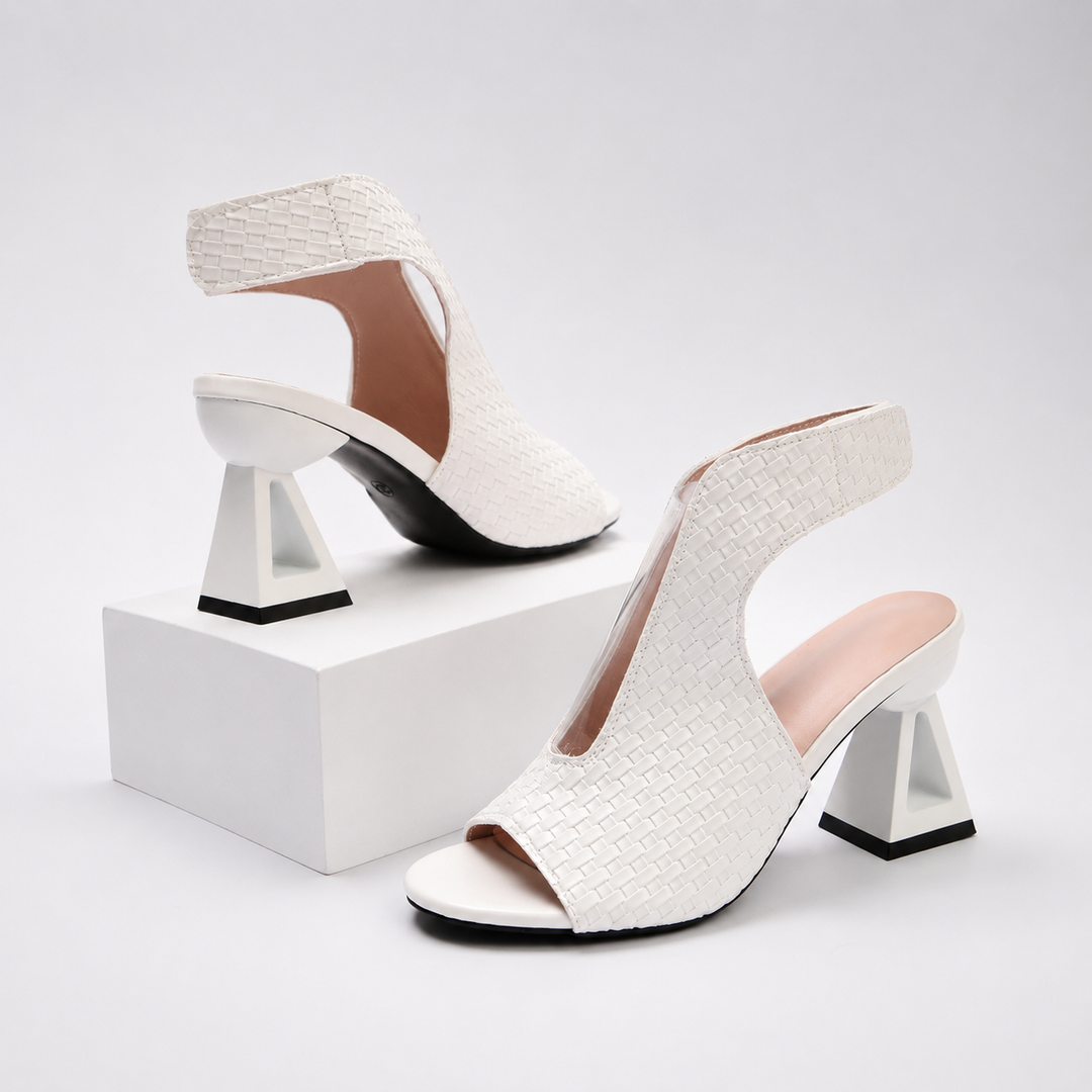 Elegant women's modern open-toe sandals with a sophisticated pattern, geometric heel & slingback design.