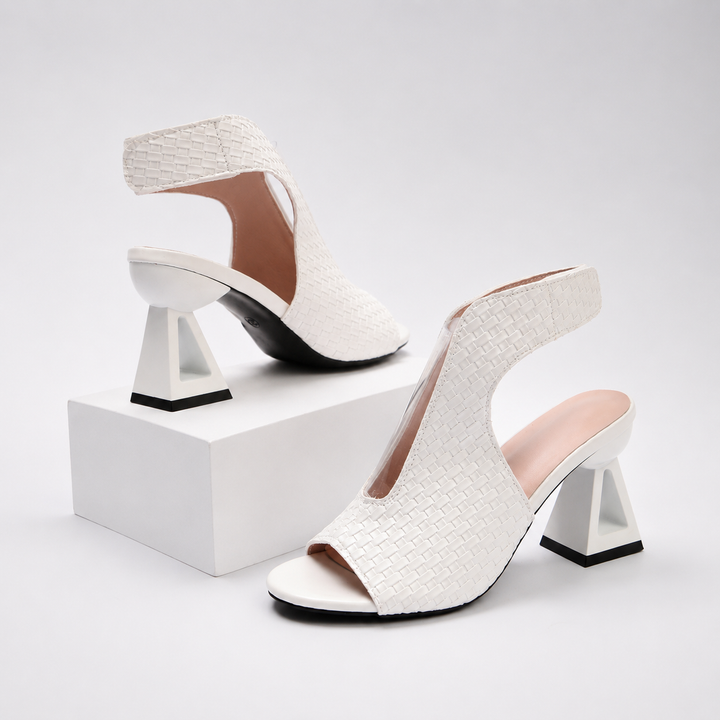 Elegant women's modern open-toe sandals with a sophisticated pattern, geometric heel & slingback design.