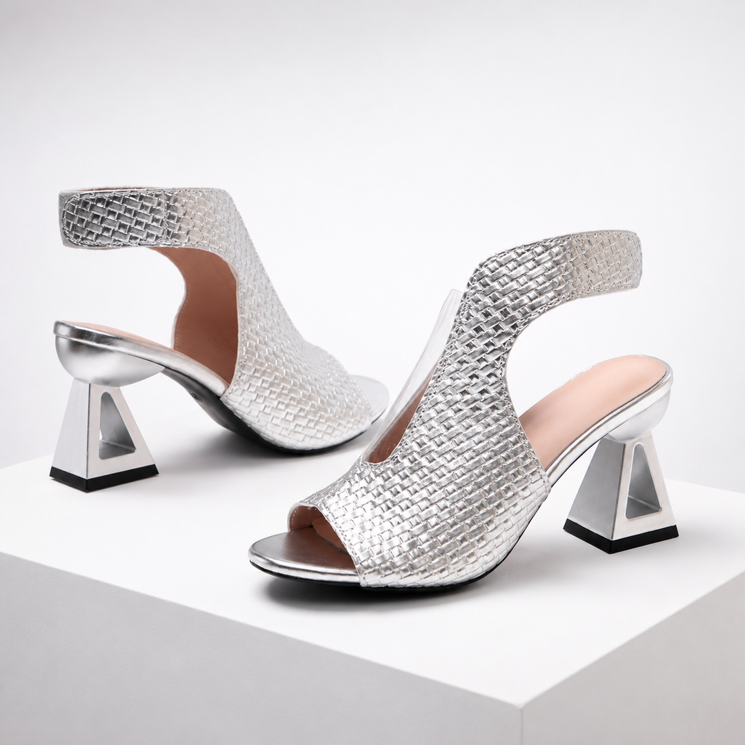Formal women's patterned open-toe heels, featuring a striking geometric heel and elegant slingback design.