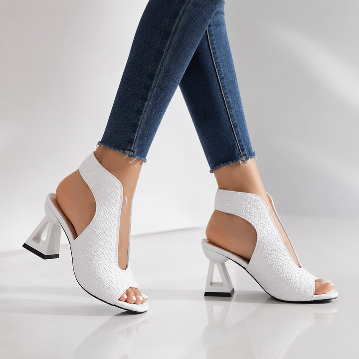 Sophisticated modern women's open-toe heels with an elegant pattern, geometric heel & slingback strap. Evening shoes.
