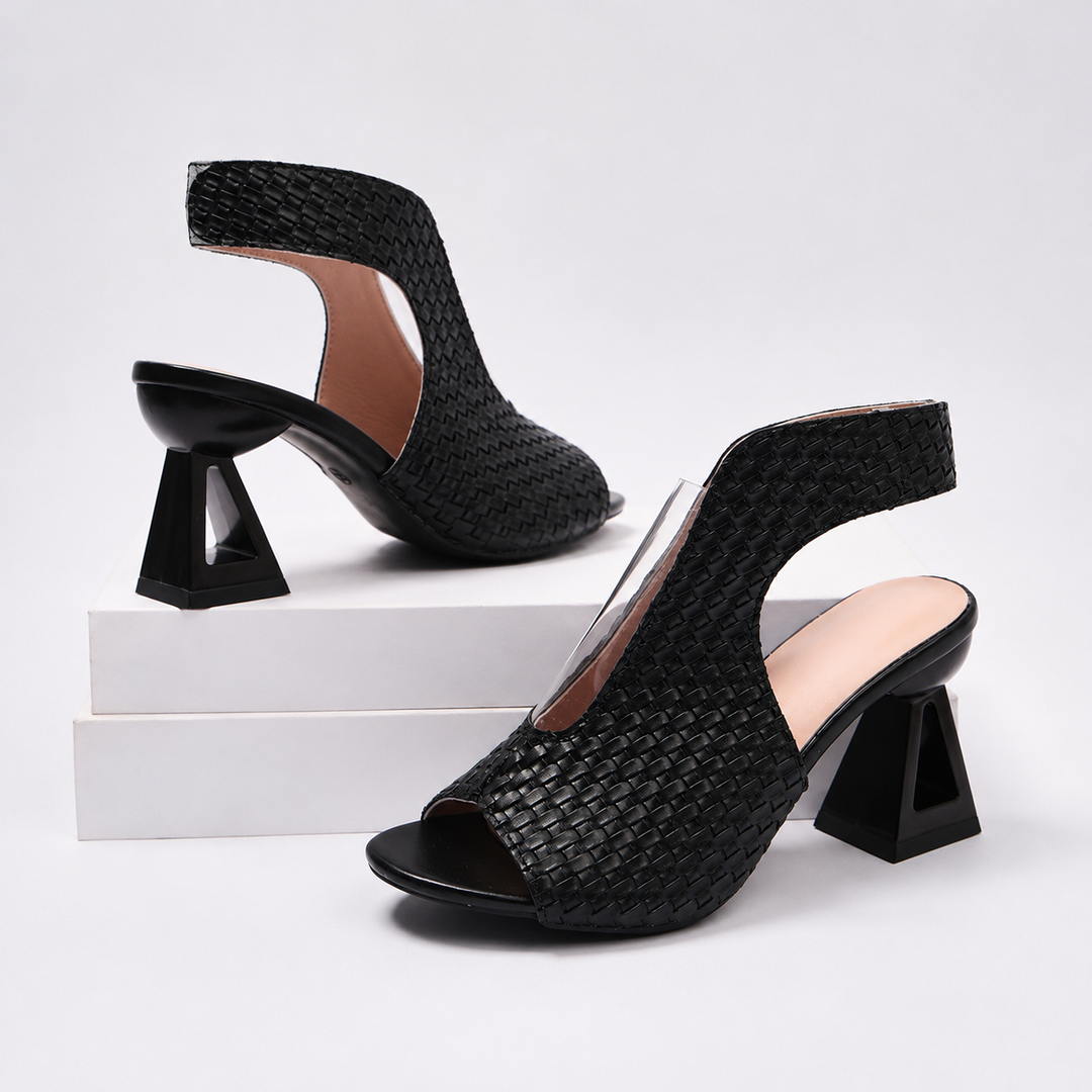 Stylish women's open-toe heels: elegant pattern, geometric heel & secure slingback. Perfect for formal events.