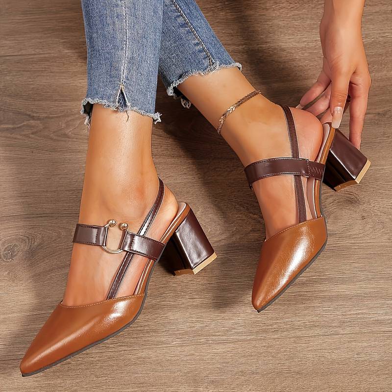 Elegant women's orthopedic block heels with slingback strap and pointed toe for comfortable all-day wear.