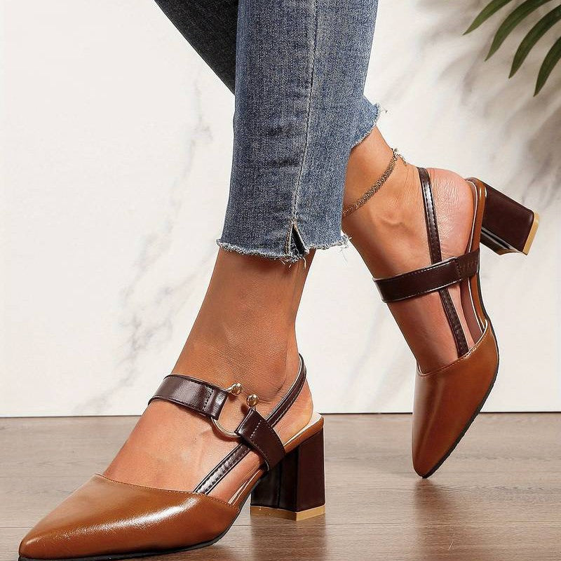 Stylish women's orthopedic block heels. Slingback, pointed toe, comfortable design for elegant work or evening.